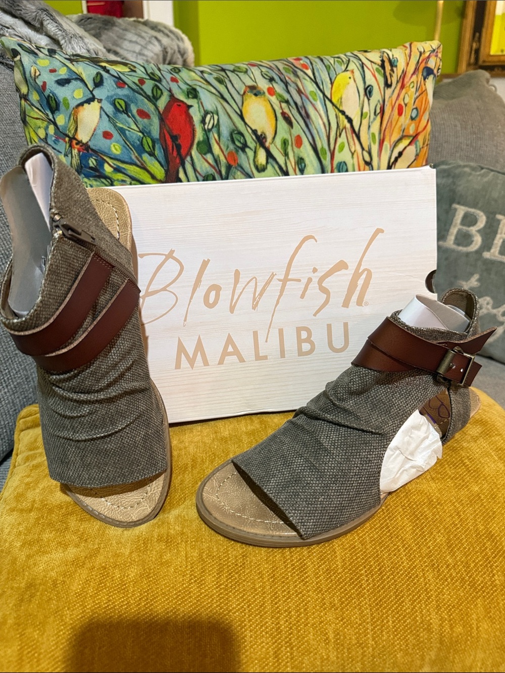 Blowfish Malibu Gray Open-Toe Ankle Wrap Sandals with Brown Straps